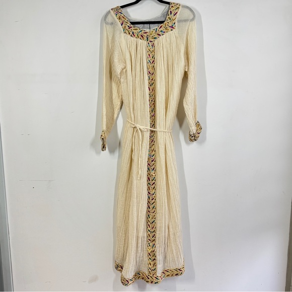 Vintage Ethiopian Cream Boho Maxi Dress Beaded Sequin Embroidered Ethnic - Picture 2 of 15